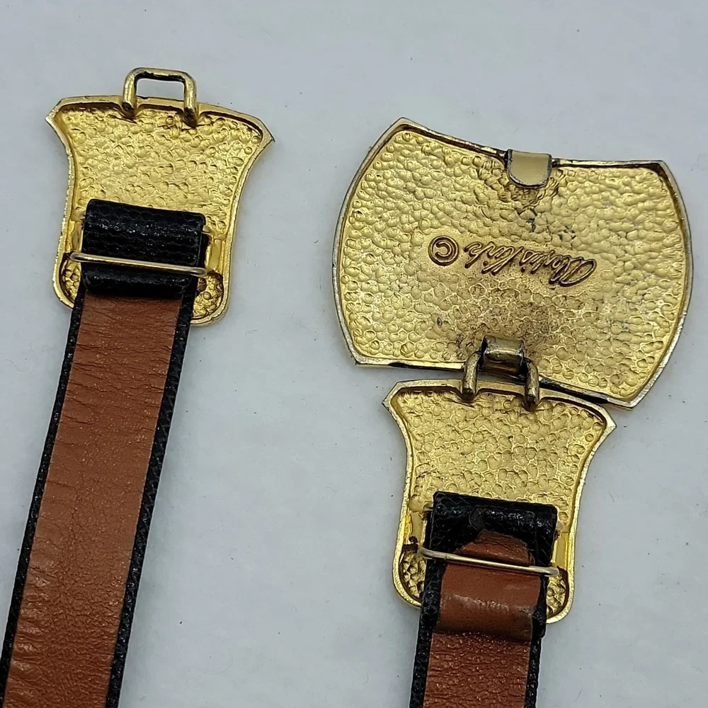 Vtg ALEXIS KIRK Belt Gold Basketweave Buckle Blk Reptile Leather 80s Rare Signed